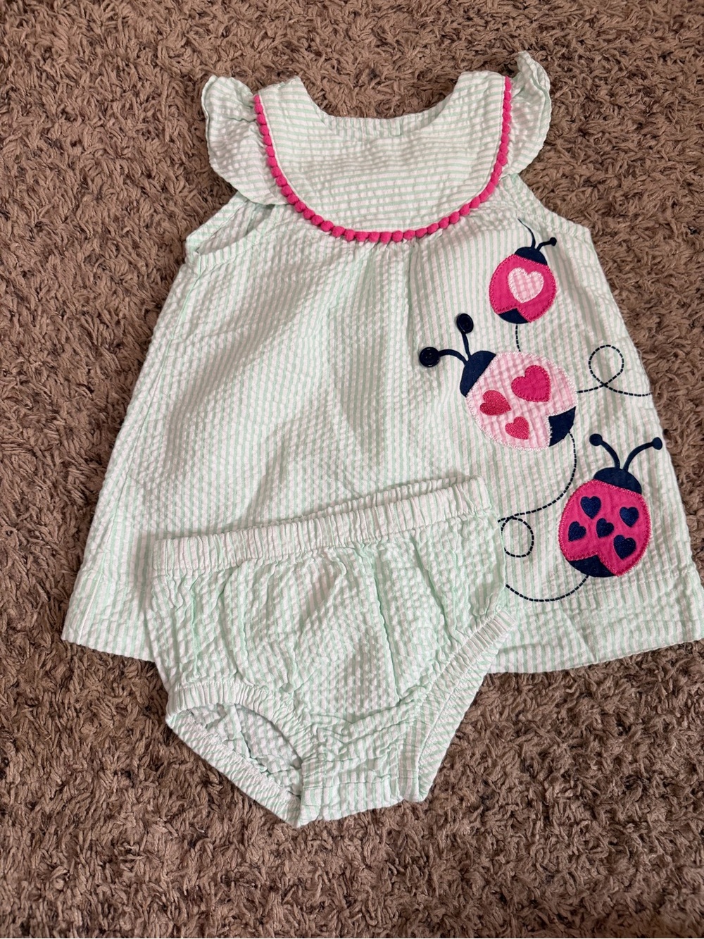 Nursery Rhyme White Seersucker Dress Set with Pink Ladybug Accents